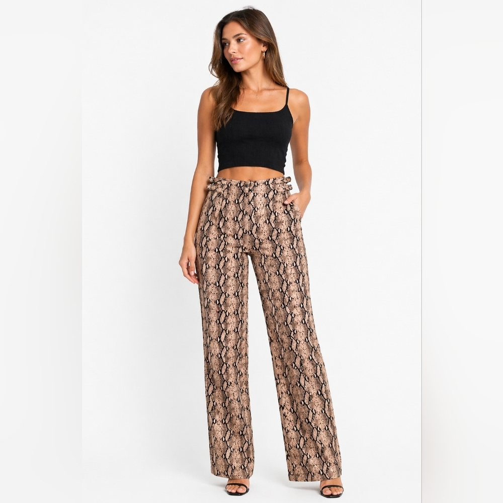 Fashion Nova Brown Snake-Print Wide Leg Jeans